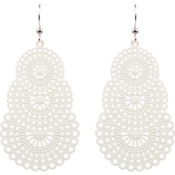 Bohemian White Filigree Earrings Lightweight Metal Lace Tiered Hollow Cut Out - Picture 1 of 2